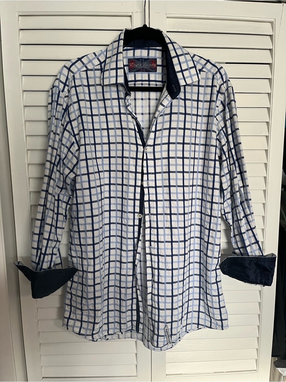 English Laundry White Dress Shirt with Blue Windowpane Grid